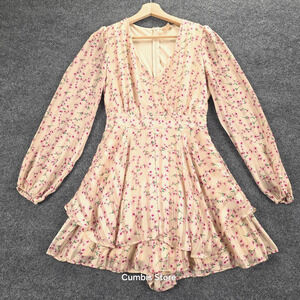 Floral Ruffle Tiered Mini Dress Womens Medium Cream Long Sleeve V Neck Wrap Boho